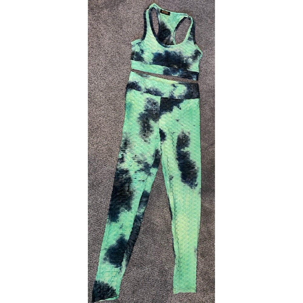 BFree 2pc Workout Set S-M Leggings Sports Bra Green Black Tie Dye Honeycomb